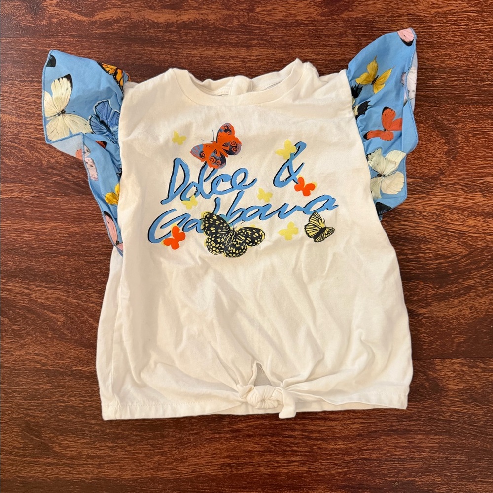 Dolce & Gabbana White Tee with Blue Butterfly Sleeves and Front Tie